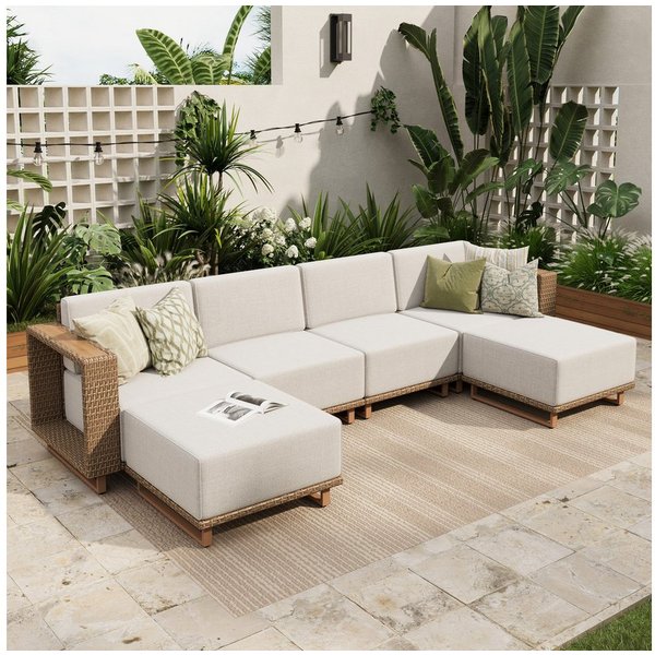 PHI VILLA Gartenlounge-Set, (Rattan Gartenmöbel Set Balkonmöbel, Allwetter Gartensofa Terassenmöbel Außen mit Dicken Weißen Kissen), Lounge Möbel Outdoor Sofa S