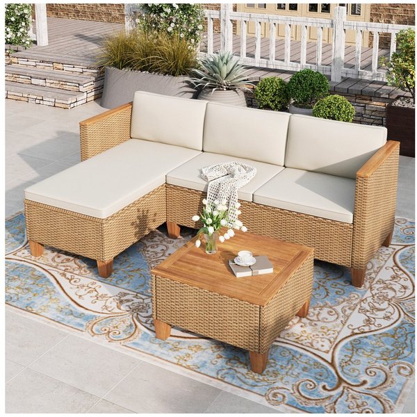 PHI VILLA Gartenlounge-Set, (3 Teilig Gartenmöbel Set Balkonmöbel Rattan Lounge, 1 Chaiselongue, 1 Zweisitzer-Sofa und 1 Kleiner Couchtisch), 4 Personen Terasse