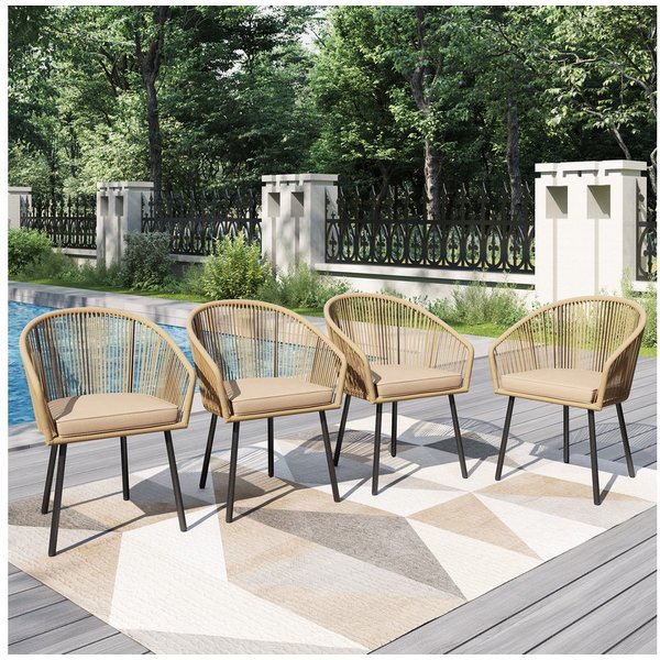 PHI VILLA Gartenstuhl (Rattansessel Gartensessel Balkonstuhl Outdoor Sessel), Gartenstuhl 4er Set für Hinterhof Balkon Terrasse, Beige