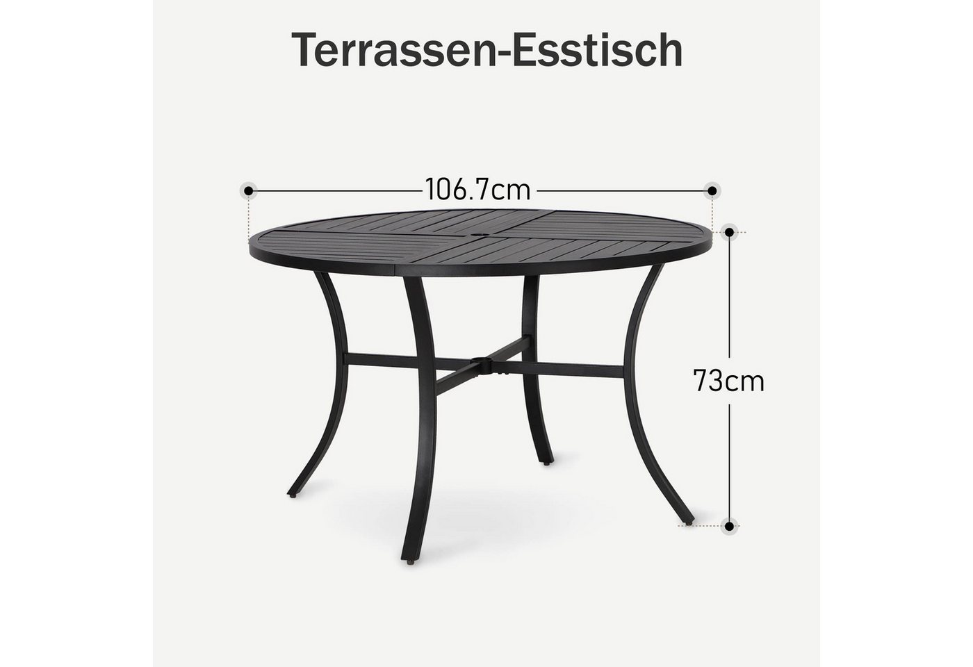 PHI VILLA Gartentisch (für Veranda Balkon Garten, Im Freien Essen Schwarze E-Beschichtung Außen für 4), Patio Tisch Rund Metall mit Schirm Loch – Bild 2 von 5