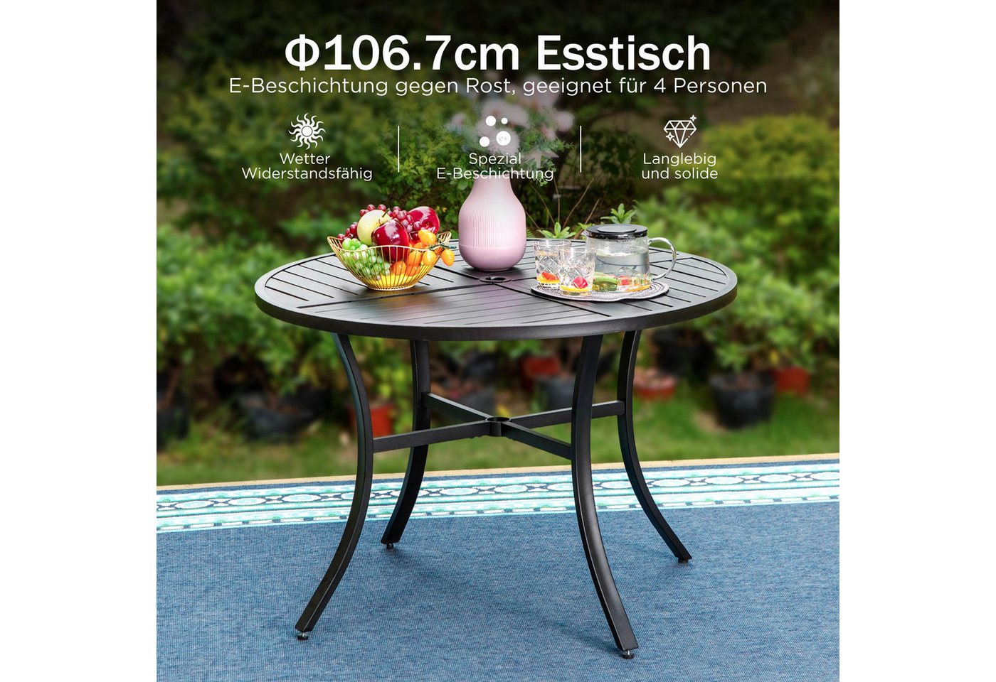 PHI VILLA Gartentisch (für Veranda Balkon Garten, Im Freien Essen Schwarze E-Beschichtung Außen für 4), Patio Tisch Rund Metall mit Schirm Loch – Bild 4 von 5