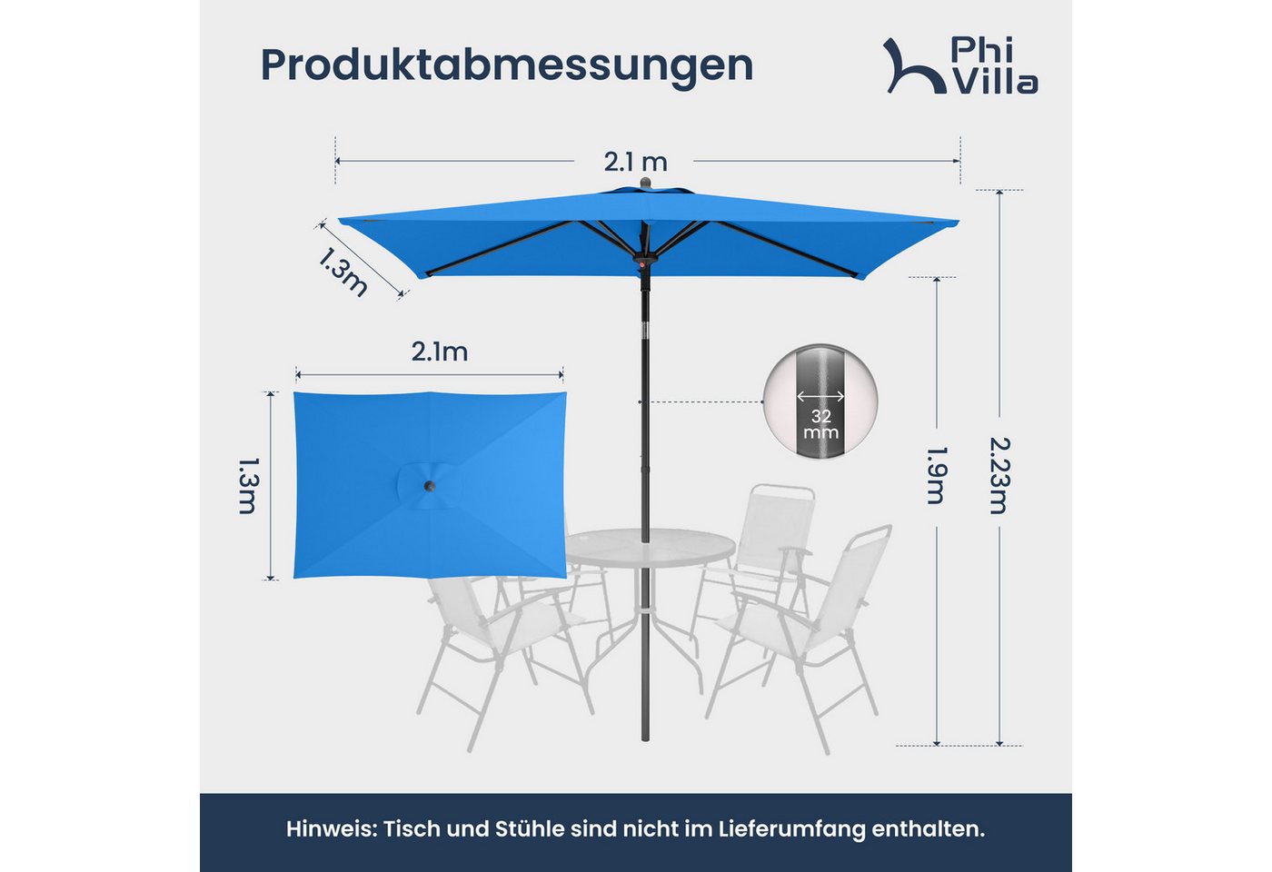 PHI VILLA Sonnenschirm, LxB: 210x130 cm, Regenschirm Eckig mit Klemme für Balkon, Gartenschirm Kippbar Windfest Stabil zum Mitnehmen UV50+ Schutz – Bild 2 von 5