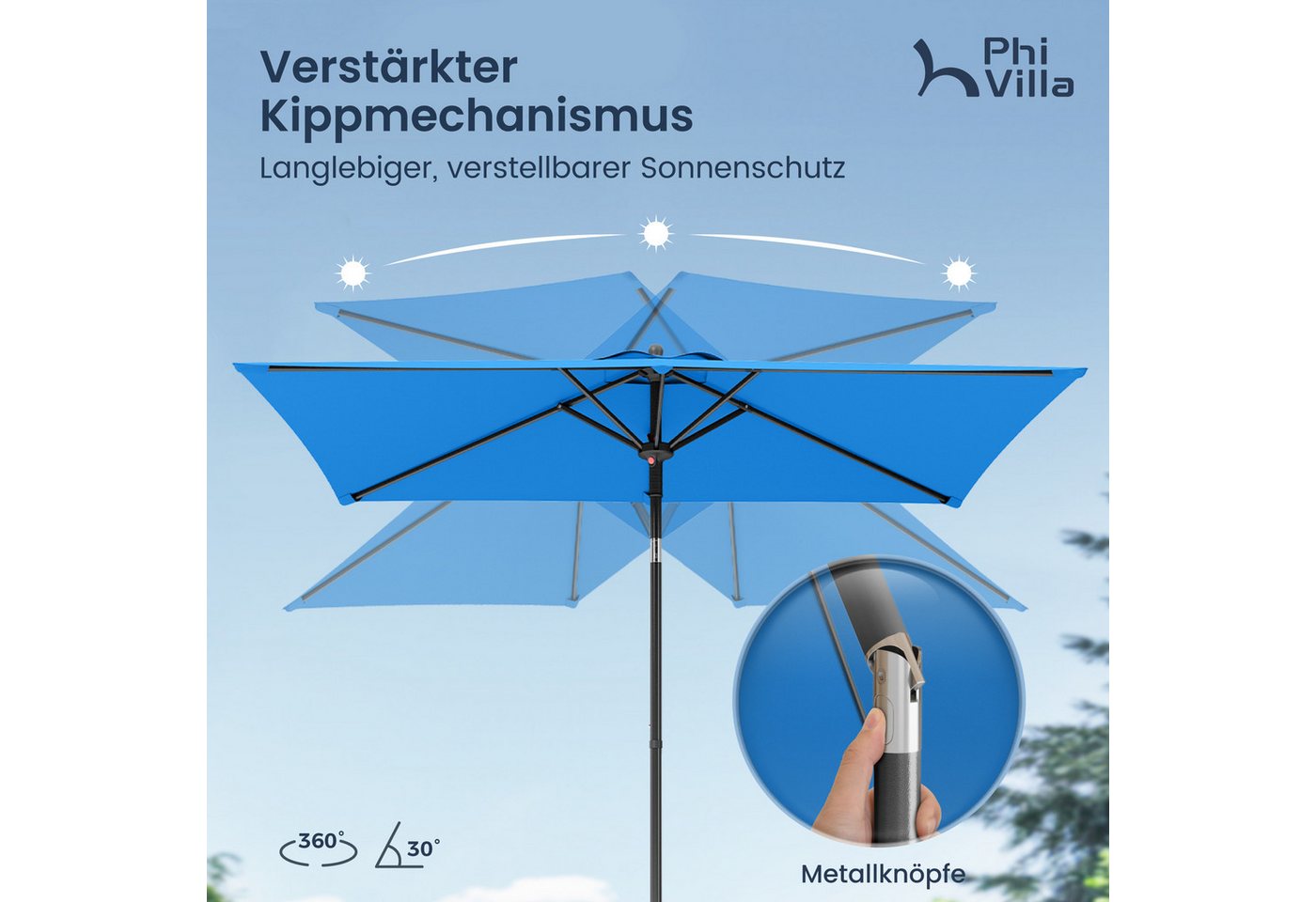 PHI VILLA Sonnenschirm, LxB: 210x130 cm, Regenschirm Eckig mit Klemme für Balkon, Gartenschirm Kippbar Windfest Stabil zum Mitnehmen UV50+ Schutz – Bild 3 von 5
