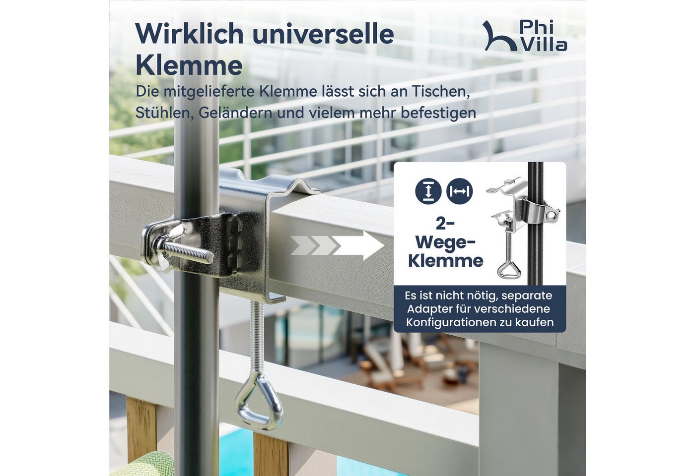 PHI VILLA Sonnenschirm, LxB: 210x130 cm, Regenschirm Eckig mit Klemme für Balkon, Gartenschirm Kippbar Windfest Stabil zum Mitnehmen UV50+ Schutz – Bild 4 von 5