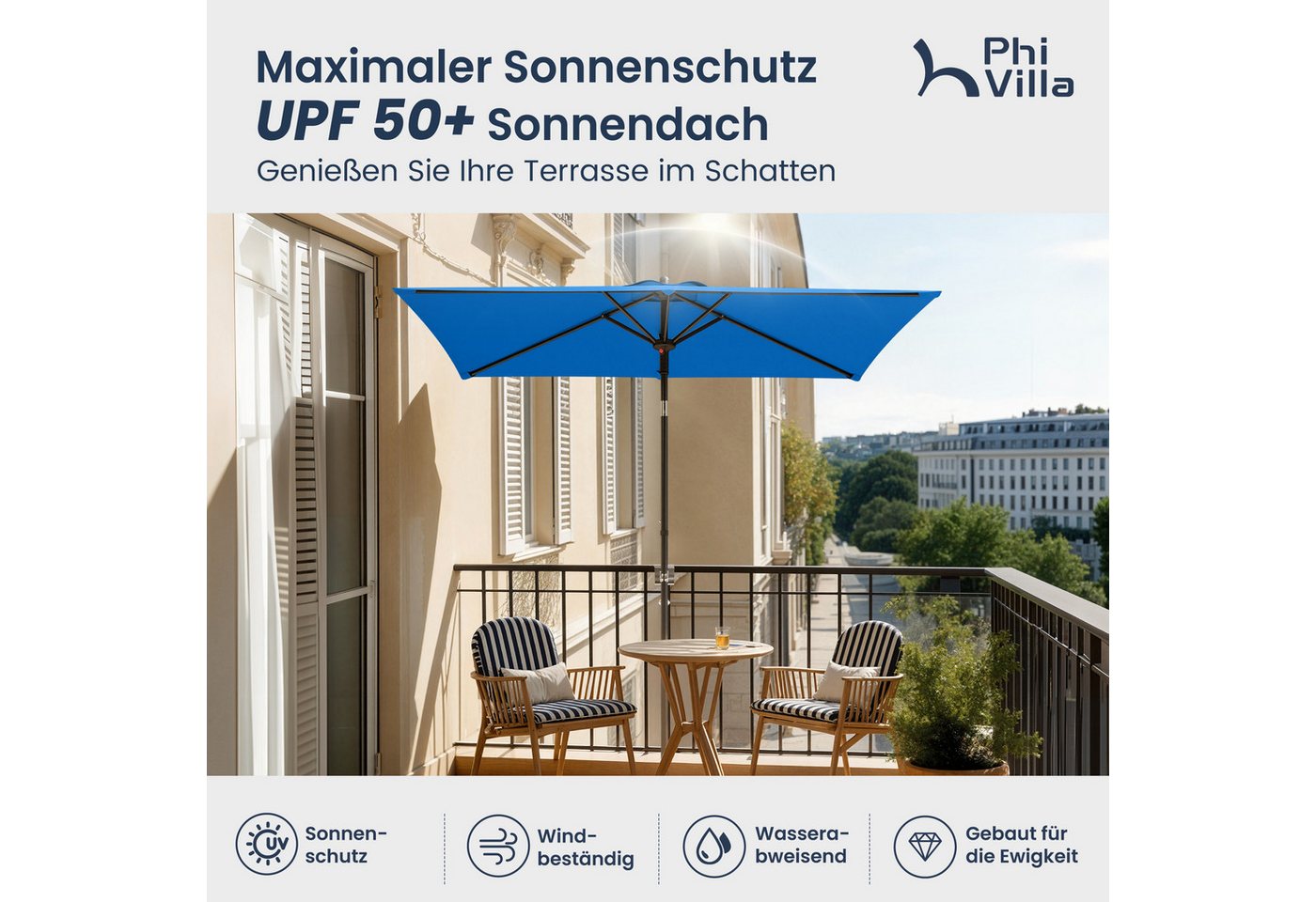 PHI VILLA Sonnenschirm, LxB: 210x130 cm, Regenschirm Eckig mit Klemme für Balkon, Gartenschirm Kippbar Windfest Stabil zum Mitnehmen UV50+ Schutz – Bild 5 von 5