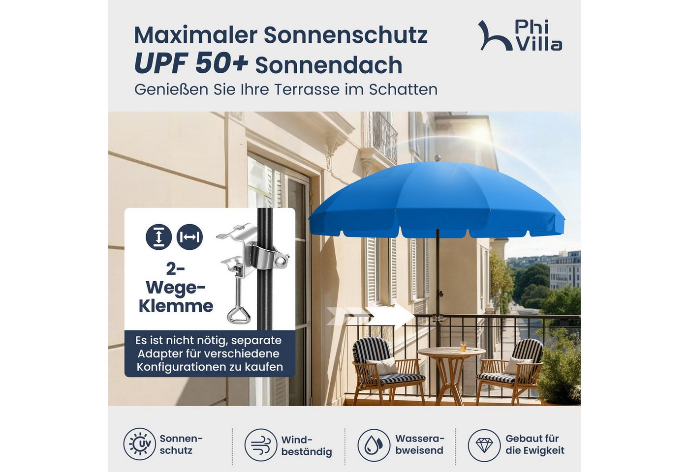 PHI VILLA Sonnenschirm, Höhenverstellbar mit Hülle & Klemme, Strandschirm Kippbar Windfest Stabil zum Mitnehmen – Bild 3 von 5