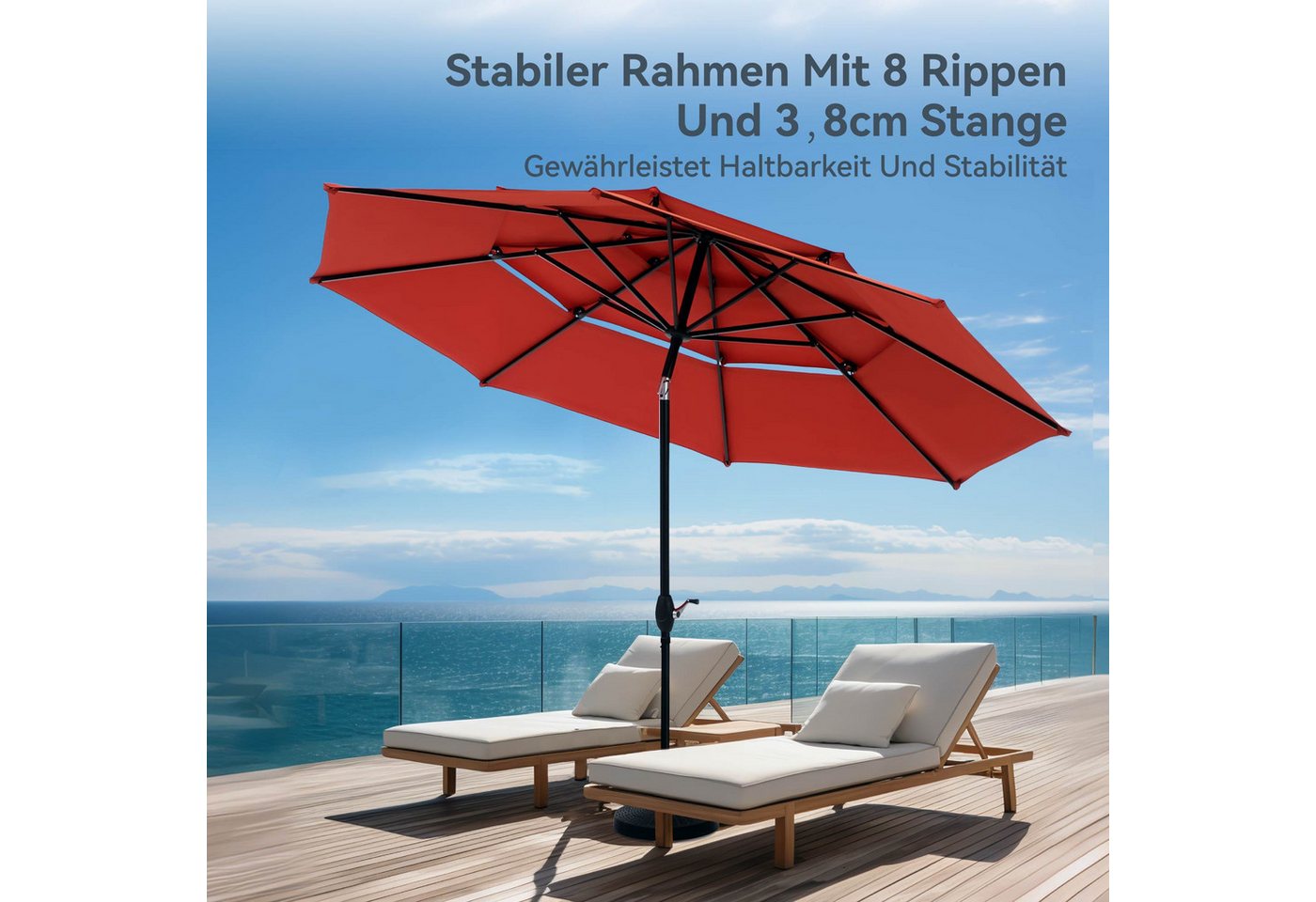 PHI VILLA Sonnenschirm, Ideal für Rasenflächen, Pools und Gartenterrassen, Mit 8 starken Schirmknochen – Bild 5 von 5