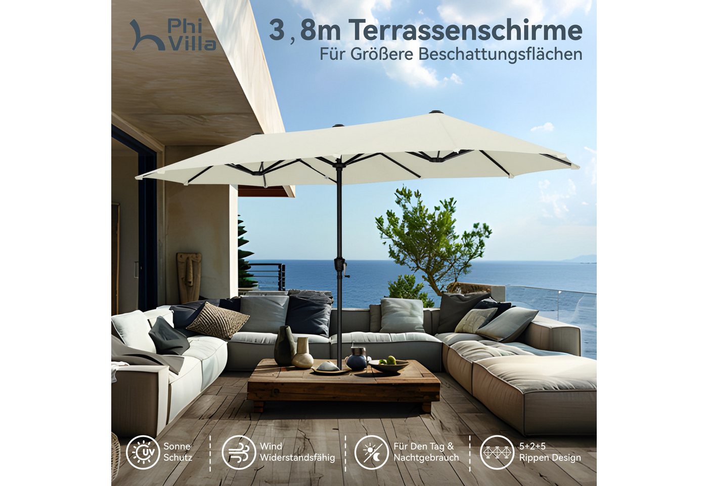 PHI VILLA Sonnenschirm, Balkon Rechteckig Groß Balkonschirm Garten Gartenschirm mit Kurbel UV Schutz Parasol Windfest, Mit der rostfreien Stahlstange und 12 Sta – Bild 2 von 5