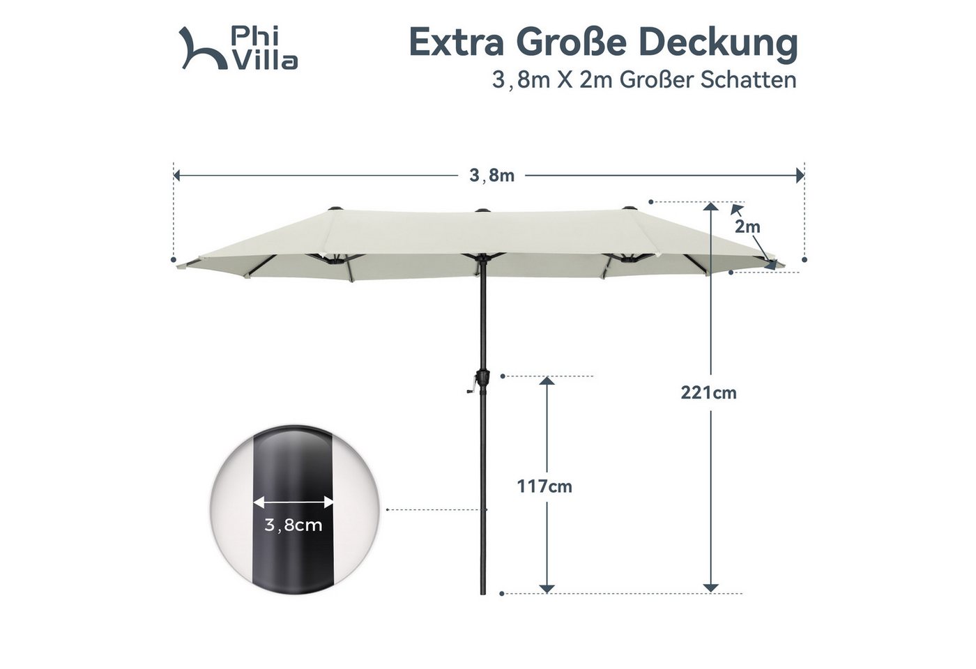 PHI VILLA Sonnenschirm, Balkon Rechteckig Groß Balkonschirm Garten Gartenschirm mit Kurbel UV Schutz Parasol Windfest, Mit der rostfreien Stahlstange und 12 Sta – Bild 3 von 5