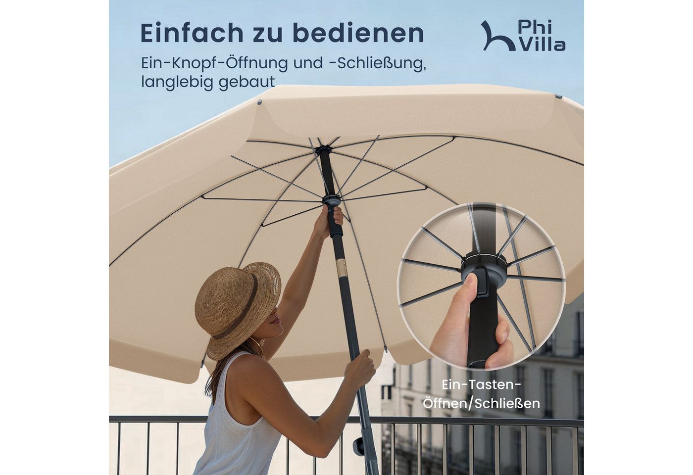 PHI VILLA Sonnenschirm, Höhenverstellbar mit Hülle & Klemme, Strandschirm Kippbar Windfest Stabil zum Mitnehmen – Bild 3 von 5