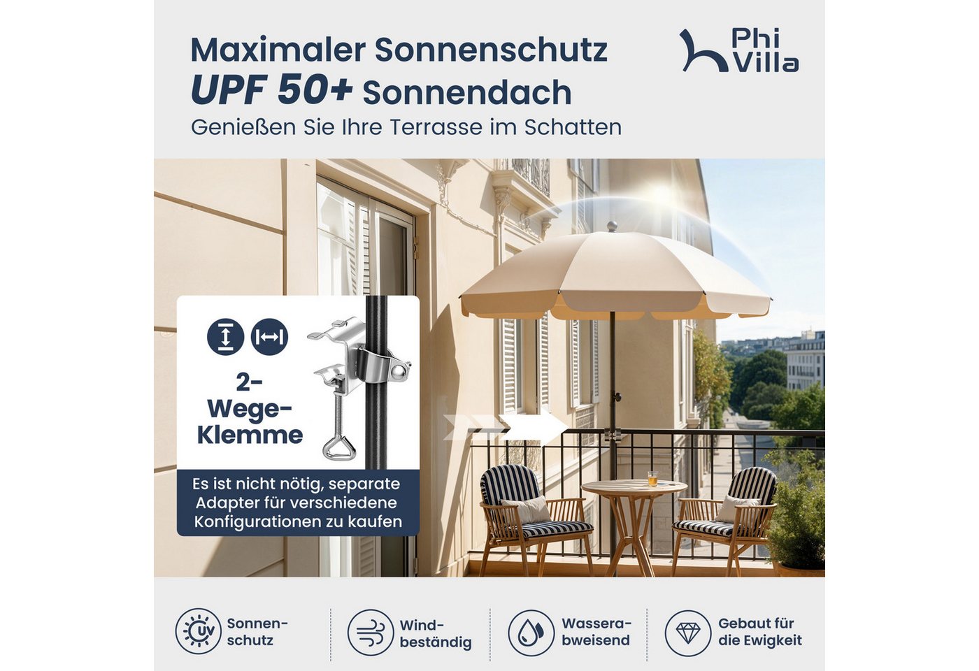 PHI VILLA Sonnenschirm, Höhenverstellbar mit Hülle & Klemme, Strandschirm Kippbar Windfest Stabil zum Mitnehmen – Bild 5 von 5