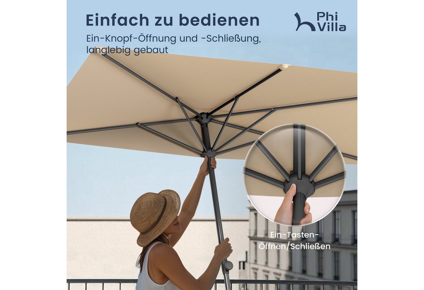 PHI VILLA Sonnenschirm, LxB: 250x130 cm, Halber Regenschirm Höhenverstellbar mit Klemme, Balkonschirm Windfest Stabil zum Mitnehmen – Bild 4 von 5