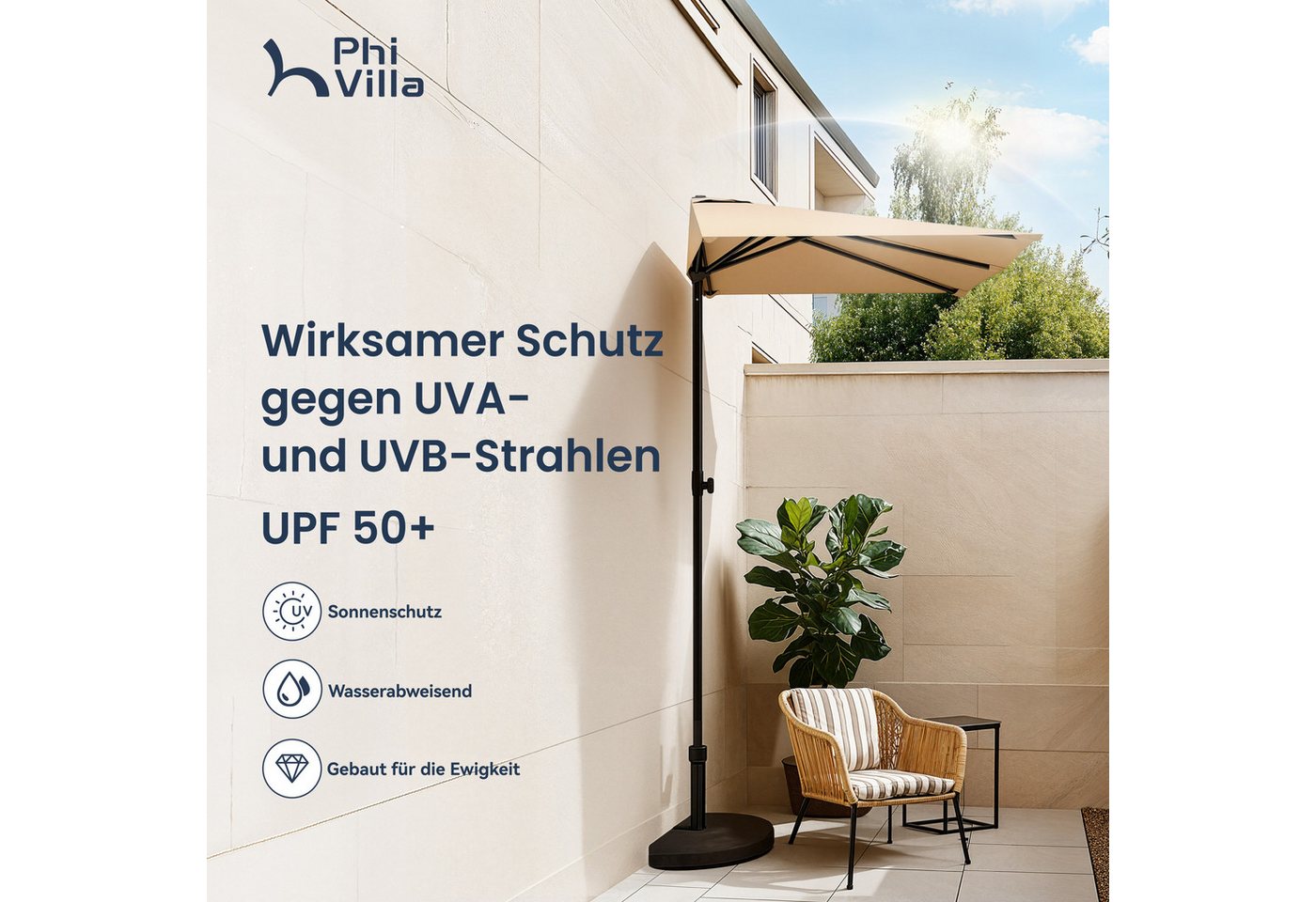 PHI VILLA Sonnenschirm, LxB: 250x130 cm, Halber Regenschirm Höhenverstellbar mit Klemme, Balkonschirm Windfest Stabil zum Mitnehmen – Bild 5 von 5