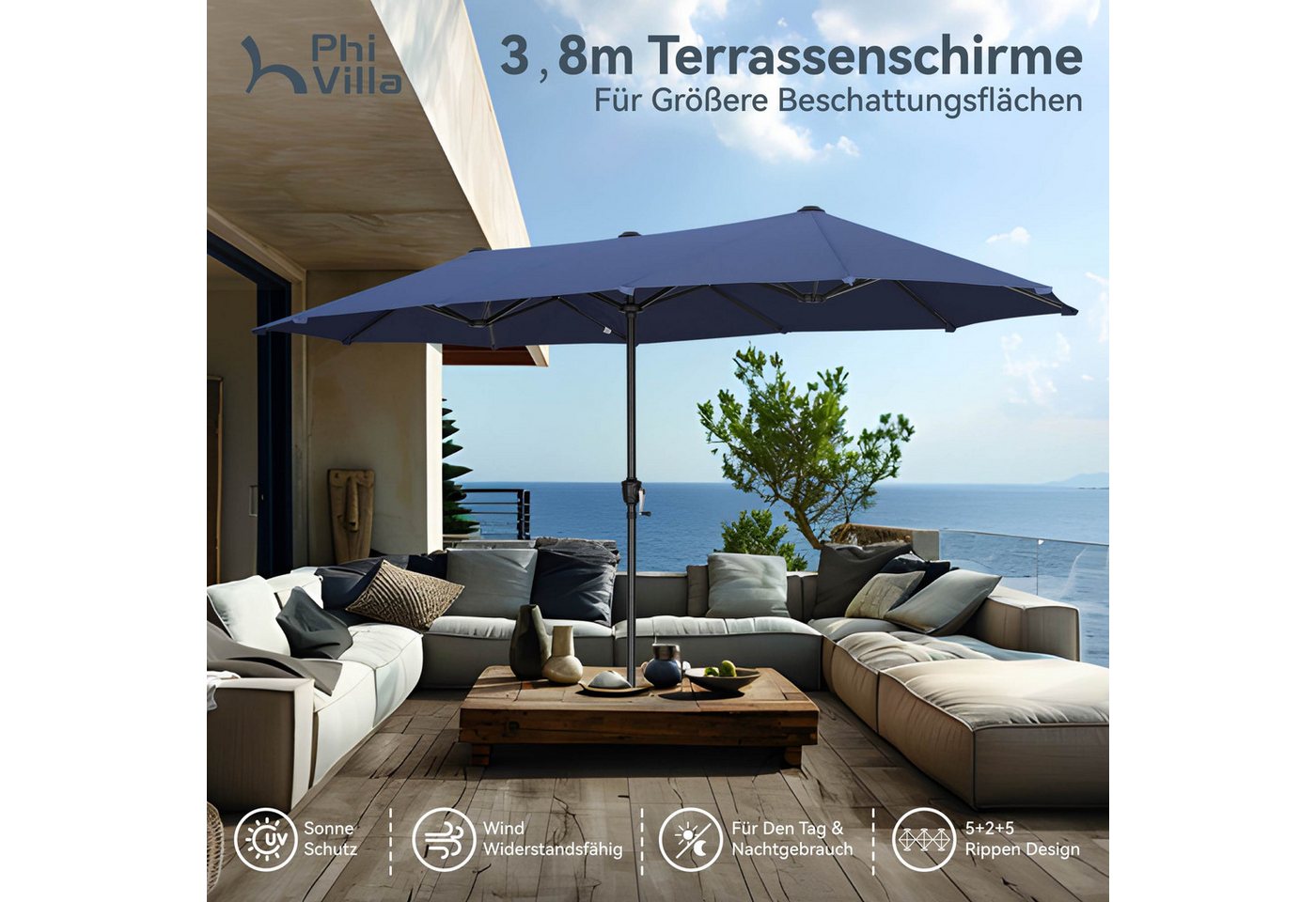 PHI VILLA Sonnenschirm, Balkon Rechteckig Groß Balkonschirm Garten Gartenschirm mit Kurbel UV Schutz Parasol Windfest, Mit der rostfreien Stahlstange und 12 Sta – Bild 2 von 5