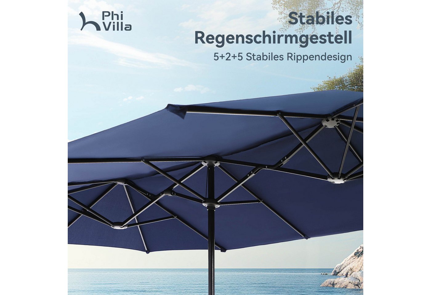 PHI VILLA Sonnenschirm, Balkon Rechteckig Groß Balkonschirm Garten Gartenschirm mit Kurbel UV Schutz Parasol Windfest, Mit der rostfreien Stahlstange und 12 Sta – Bild 4 von 5