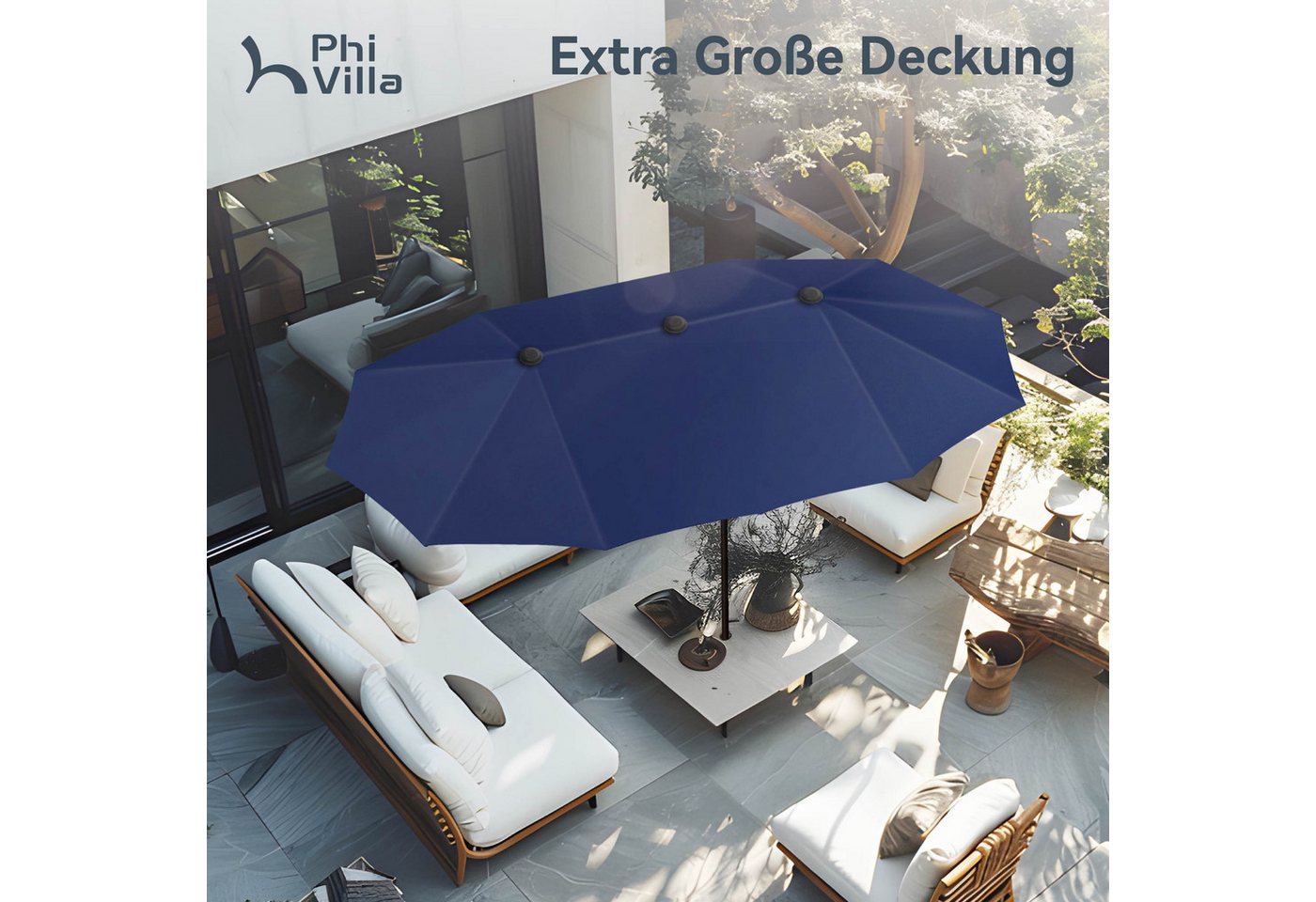 PHI VILLA Sonnenschirm, Balkon Rechteckig Groß Balkonschirm Garten Gartenschirm mit Kurbel UV Schutz Parasol Windfest, Mit der rostfreien Stahlstange und 12 Sta – Bild 5 von 5