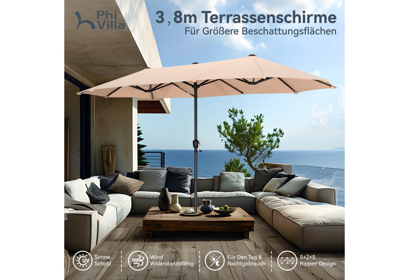 PHI VILLA Sonnenschirm, Balkon Rechteckig Groß Balkonschirm Garten Gartenschirm mit Kurbel UV Schutz Parasol Windfest, Mit der rostfreien Stahlstange und 12 Sta – Bild 2 von 5
