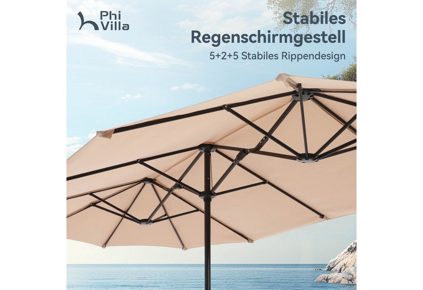 PHI VILLA Sonnenschirm, Balkon Rechteckig Groß Balkonschirm Garten Gartenschirm mit Kurbel UV Schutz Parasol Windfest, Mit der rostfreien Stahlstange und 12 Sta – Bild 4 von 5