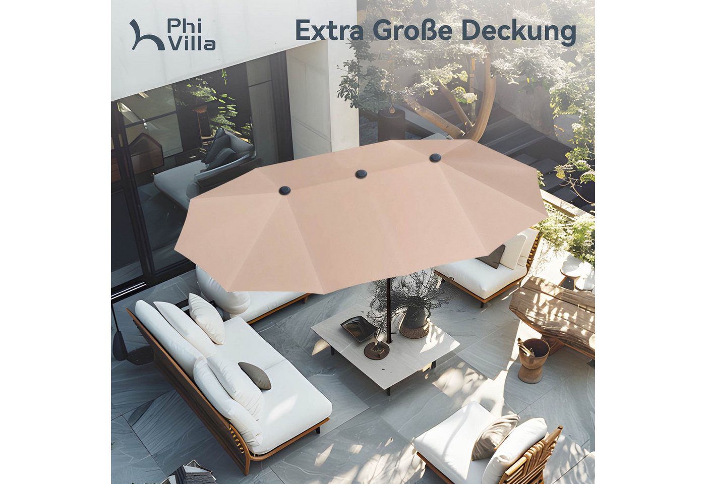 PHI VILLA Sonnenschirm, Balkon Rechteckig Groß Balkonschirm Garten Gartenschirm mit Kurbel UV Schutz Parasol Windfest, Mit der rostfreien Stahlstange und 12 Sta – Bild 5 von 5