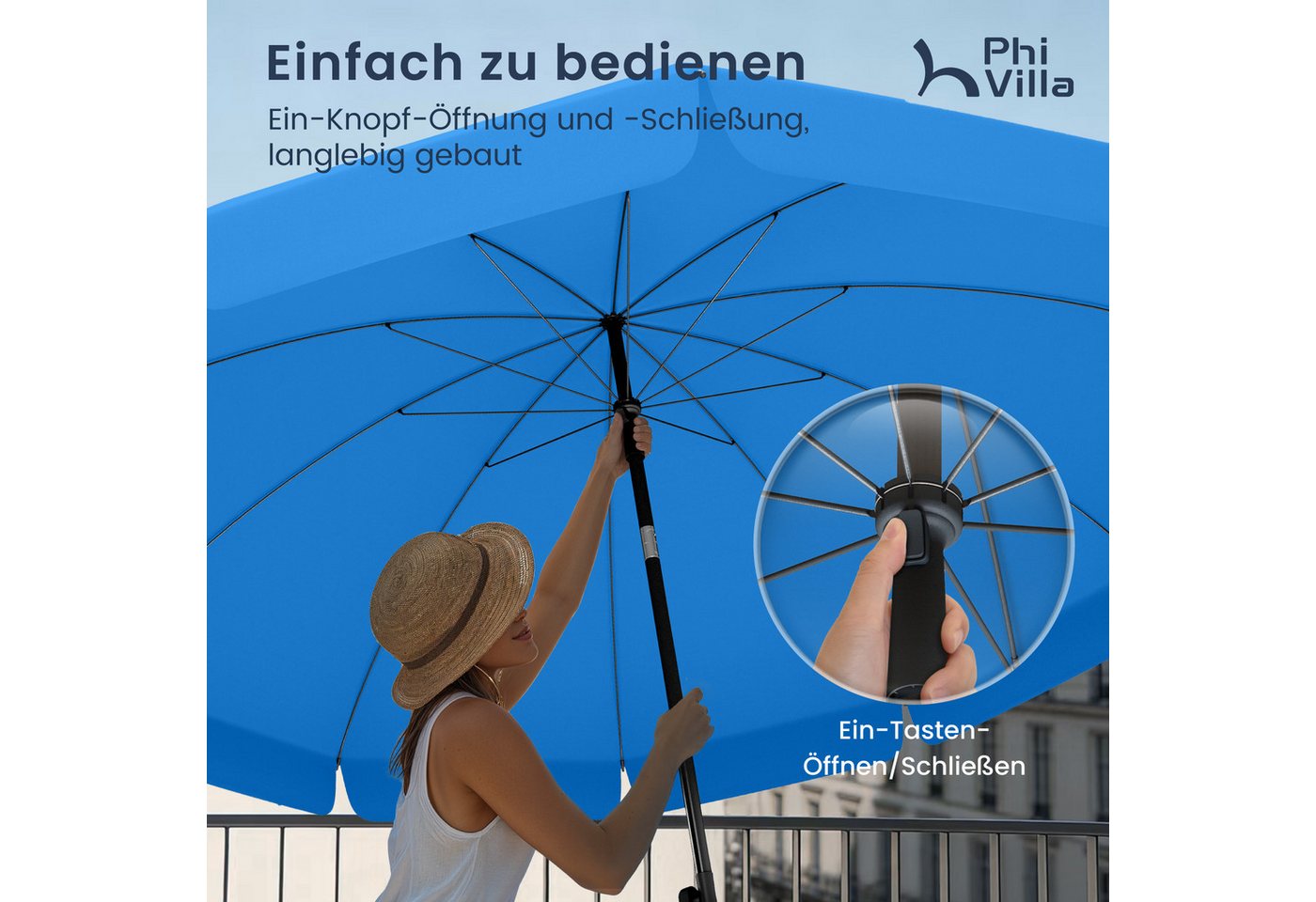 PHI VILLA Sonnenschirm, Höhenverstellbar mit Hülle & Klemme, Strandschirm Kippbar Windfest Stabil zum Mitnehmen – Bild 2 von 5