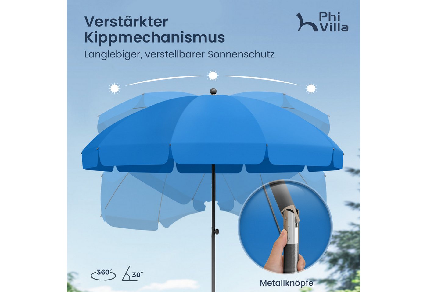 PHI VILLA Sonnenschirm, Höhenverstellbar mit Hülle & Klemme, Strandschirm Kippbar Windfest Stabil zum Mitnehmen – Bild 4 von 5