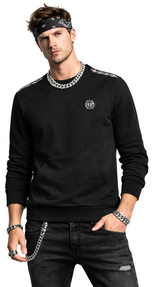 PHILIPP PLEIN Sweatshirt Sweater Tape Logo Pulli Pullover eine Kängurutasche und gerippte Abschlüsse – Bild 2 von 5