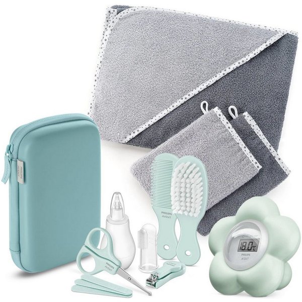 Philips AVENT Baby-Nagelschere Premium Pflege Set, Badethermometer, Gesundheitsset, Kapuzenbadetuch, 2 Waschhandschuhe