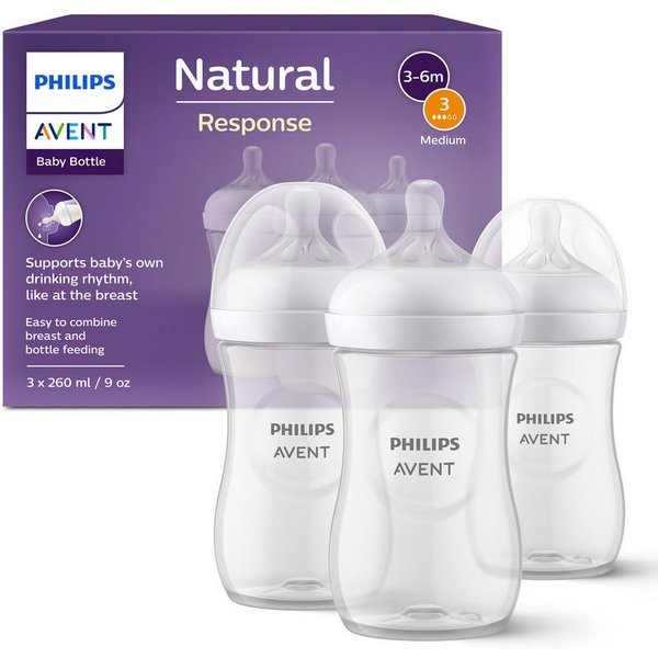 Philips AVENT Babyflasche Natural Response SCY903/03, 3 Stück, 260ml, ab dem 3. Monat