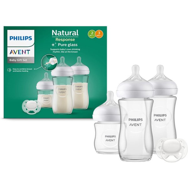 Philips AVENT Babyflasche Natural Response Starter-Set Glas für Neugeborene SCD878/11, 3 Flaschen aus Glas und ultra soft Schnuller