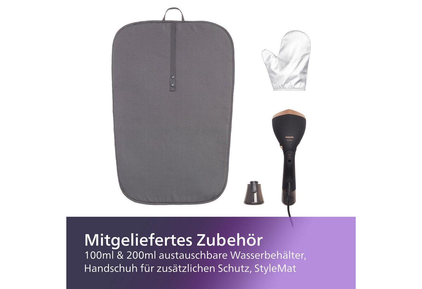 Philips Dampfbürste STH7060/80 "Performer", 100 ml und 200 ml Wassertank, Metallplatte, 1500 W, verstellbarer Kopf, Handschuh und Stylemat inkl. – Bild 5 von 5