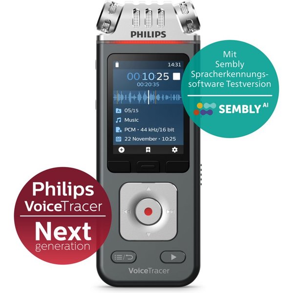 Philips DVT6115 Audiorecorder Digitales Diktiergerät (96 kHz/24 Bit, Smartphone-App, Sembly AI Spracherkennung)