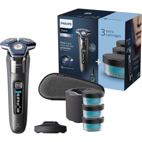 Philips Elektrorasierer Shaver Series 7000 S7887/63, Reinigungsstation, ausklappbarer Präzisionstrimmer, 4 Reinigungskartuschen, Ladestand, Etui, mit SkinIQ Tec