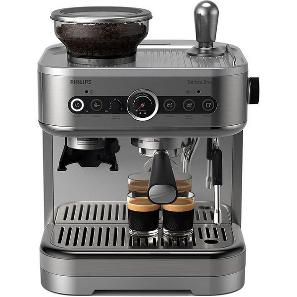 Philips Espressomaschine PSA3218/01 Barista Brew, halbautomatisch, mit 250-g-Bohnenbehälter, Korbfilter, Siebträger und Milchkanne aus Edelstahl, Silber