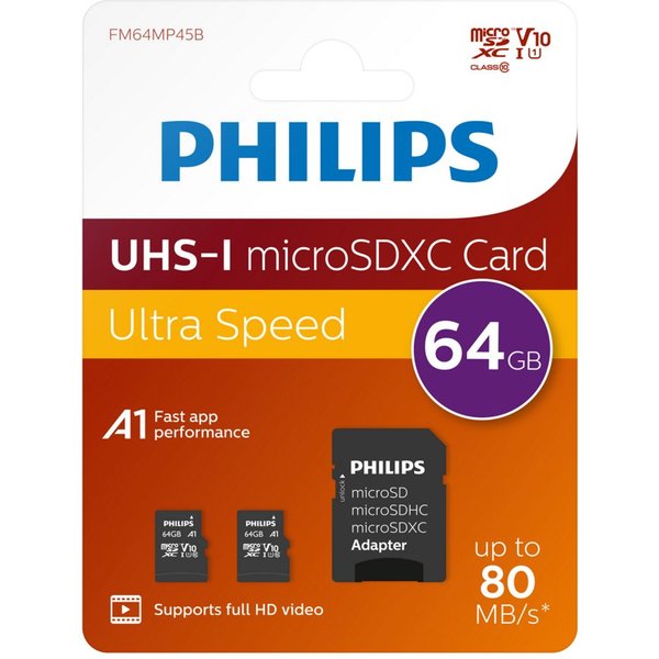 Philips FM64MP45D/00 Micro SD-Karte (USB 3.0, Lesegeschwindigkeit 80,00 MB/s, 2x 64 micro SD-Karte, Adapter)