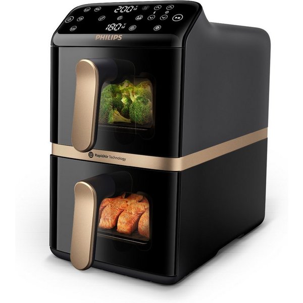 Philips Heißluftfritteuse NA462/70 4000 Series Stacked Dual Basket und 10L Kapazität (5+5L), 2750 W, RapidAir Technologie, Schwarz/Dunkelgrau, kupfer Griff