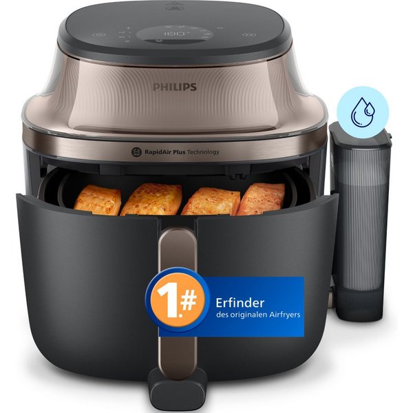 Philips Heißluftfritteuse NA547/07 Steam Airfryer 5000 Series mit EasySlide, 7,2L Kapazität, 2000 W, mit Dampfgarfunktion u. RapidAir Plus Technologie, Schwarz/