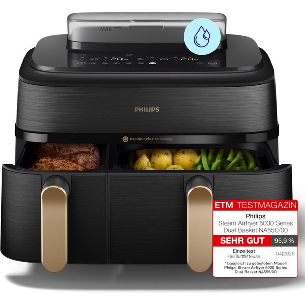 Philips Heißluftfritteuse NA552/00 Steam Airfryer 5000 Series Dual Basket 9L Kapazität (3L+6L), 2750 W, mit Dampfgar-Funktion, Silber/Edelstahl