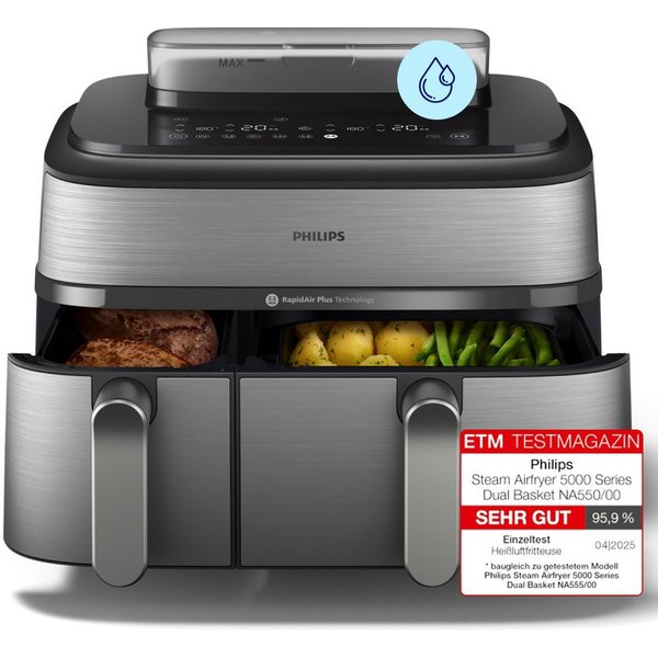 Philips Heißluftfritteuse NA555/00 Steam Airfryer 5000 Series Dual Basket, 9L Kapazität (3L+6L), 2750 W, mit Dampfgar-Funktion, Silber/Edelstahl