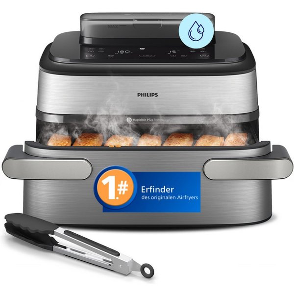 Philips Heißluftfritteuse NA565/02 Steam Airfryer 5000 Series Megabasket, 9,5L Kapazität, 2750 W, mit Dampfgarfunktion u. RapidAir Plus Technologie, inkl. Servi