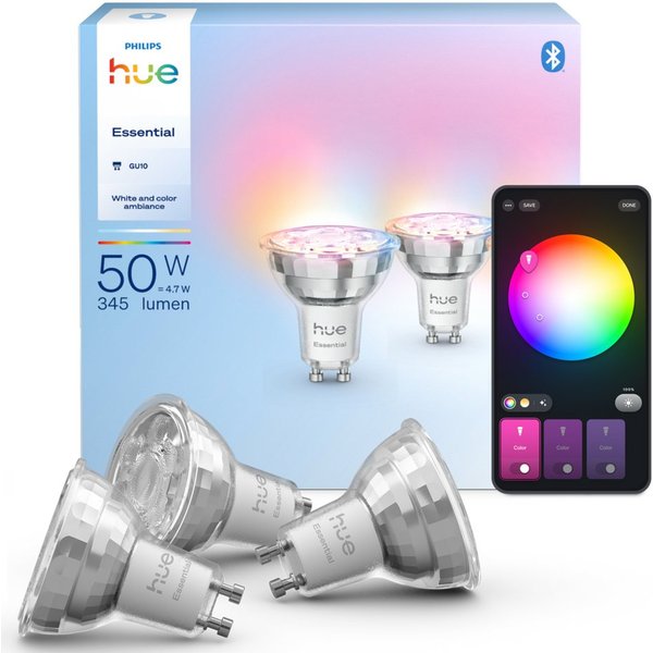 Philips Hue LED-Leuchtmittel Essential White & Color Ambiance smarte Lampe, GU10, 3 St., Farbwechsler, 3er Set, dimmbar, RGB, warmweiß - kaltweiß, 806 Lumen, 22