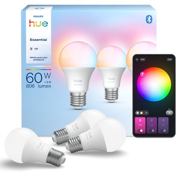 Philips Hue LED-Leuchtmittel Essential White & Color Ambiance smarte Lampe, E27, 3 St., Farbwechsler, 3er Set, dimmbar, RGB, warmweiß - kaltweiß, 806 Lumen, 220