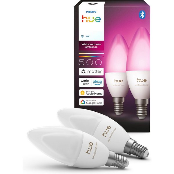 Philips Hue LED-Leuchtmittel Smarte Kerzenlampe, E14, 500 lm, White & Color Ambiance, 2er‑Pack, E14, 2 St., Farbwechsler, 1000–20000K, auf 0,2% dimmbar, App‑ &