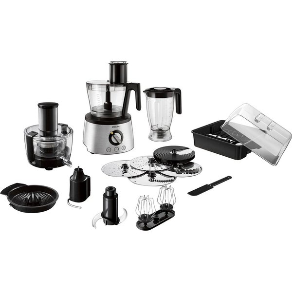 Philips Kompakt-Küchenmaschine HR7778/00, 1300 W, 2 l Schüssel, inkl. Knethaken, Entsafter, Standmixer und Zitruspresse