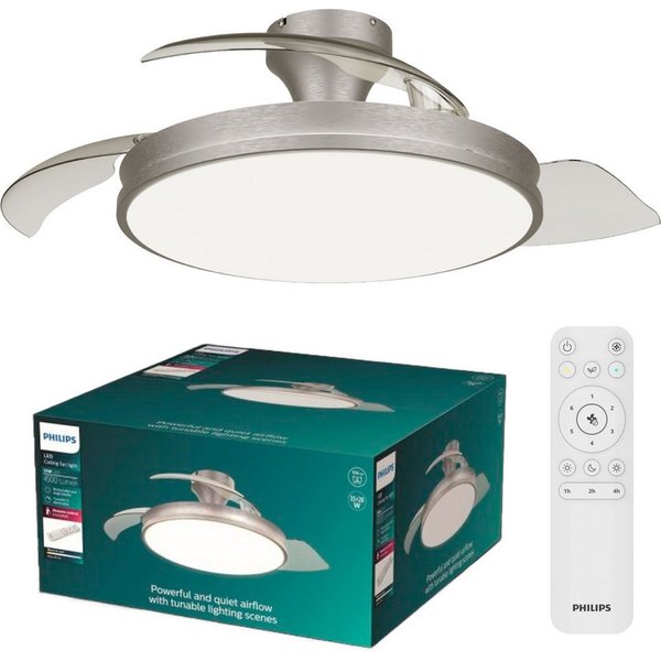 Philips LED Deckenleuchte Atlas 35W DC-Ventilator 28W, einziehbare Rotorblätter, nickel-grau, CCT - über Fernbedienung, Dimmer, Dimmfunktion, Ein-/Ausschalter, 