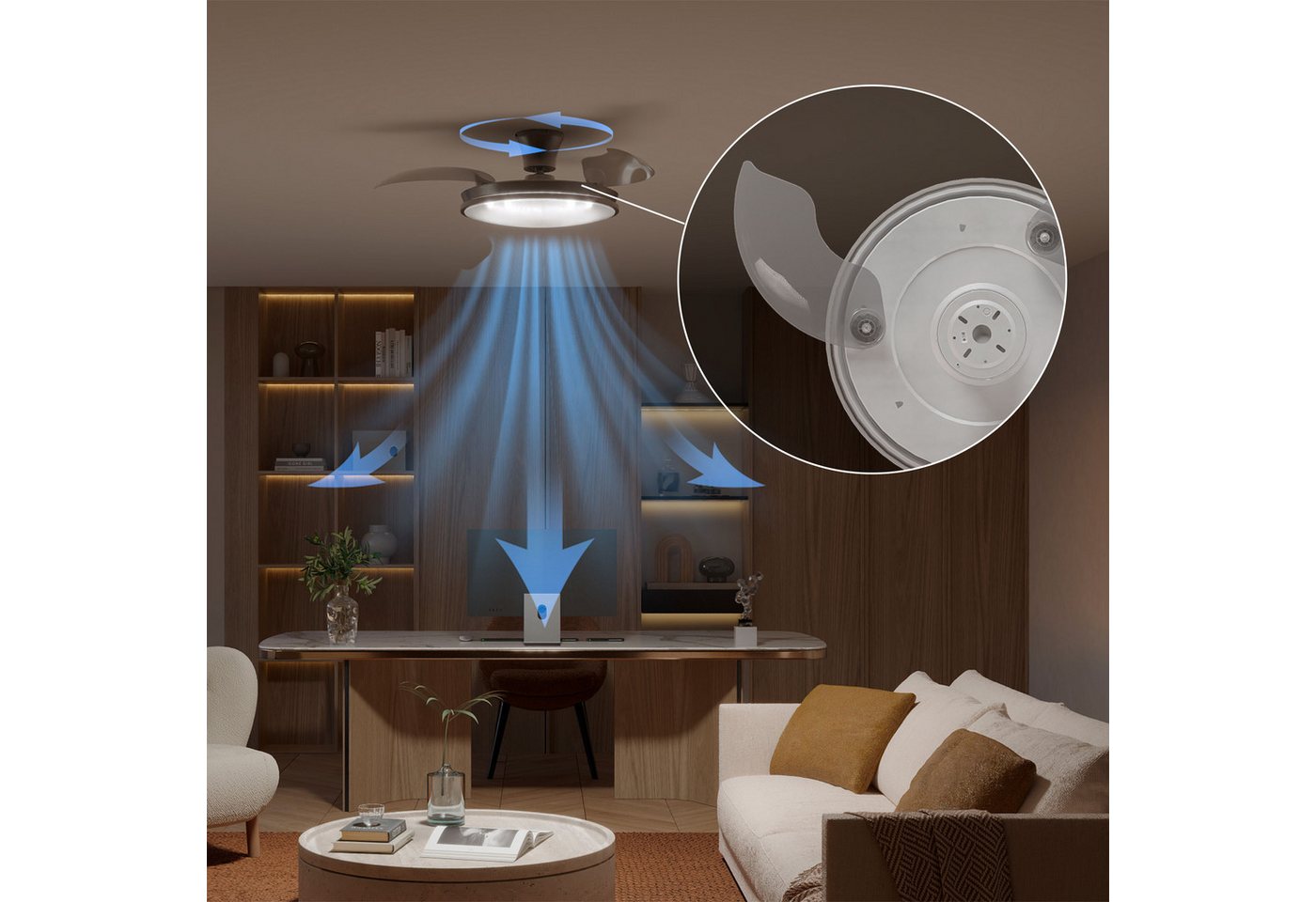 Philips LED Deckenleuchte Atlas 35W DC-Ventilator 28W, einziehbare Rotorblätter, nickel-grau, CCT - über Fernbedienung, Dimmer, Dimmfunktion, Ein-/Ausschalter,  – Bild 3 von 5