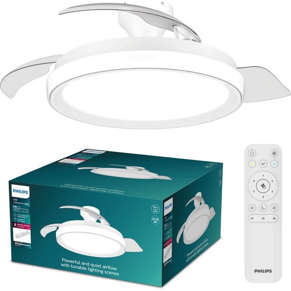 Philips LED Deckenleuchte Bliss 35W DC-Ventilator 28W, einziehbare Rotorblätter, Glitzeroptik, CCT - über Fernbedienung, Dimmer, Dimmfunktion, Ein-/Ausschalter,