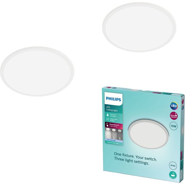 Philips LED Deckenleuchte Multipack 2x Superslim 3-in-1 CL550, IP44, 2700K, Dimmfunktion, Memoryfunktion, dimmbar über Fernbedienung, mehrere Helligkeitsstufen,
