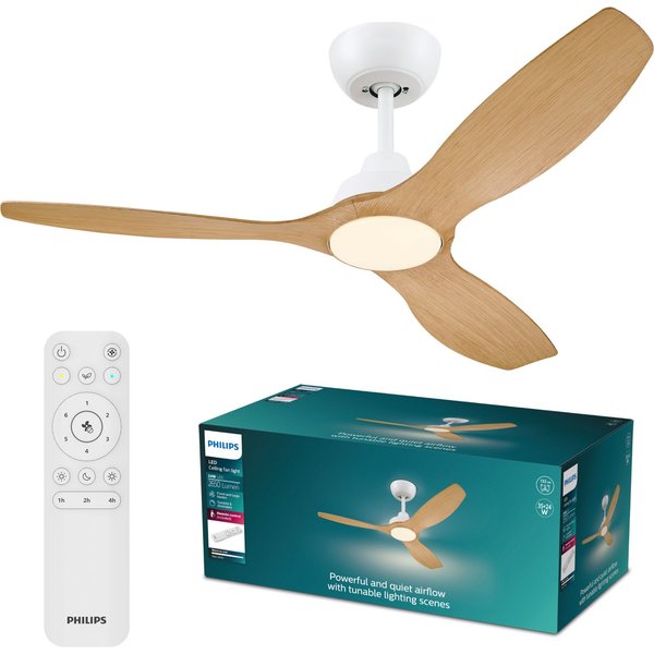 Philips LED Deckenleuchte Olas 24W DC-Ventilator 30W, fixe Rotorblätter, ⌀ 106cm, schwarz-braun, CCT - über Fernbedienung, Dimmer, Dimmfunktion, Ein-/Ausschalte