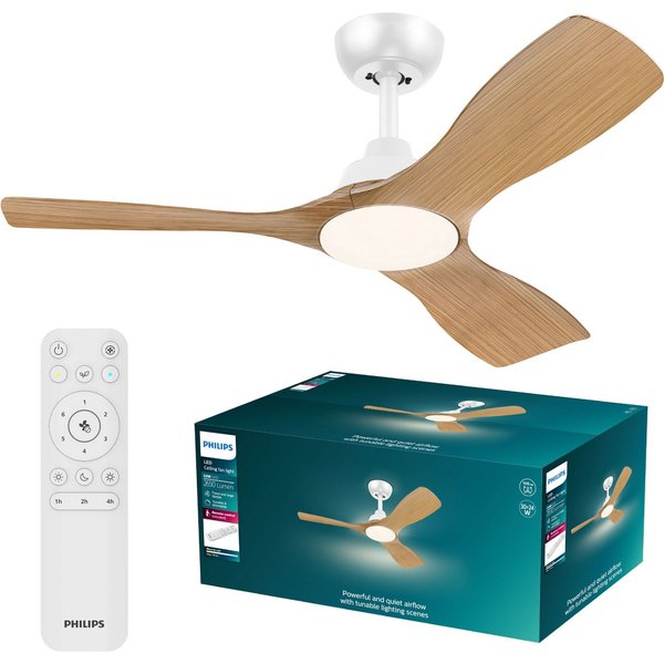 Philips LED Deckenleuchte Olas 24W DC-Ventilator 30W, fixe Rotorblätter, ⌀ 106cm, schwarz-braun, CCT - über Fernbedienung, Dimmer, Dimmfunktion, Ein-/Ausschalte