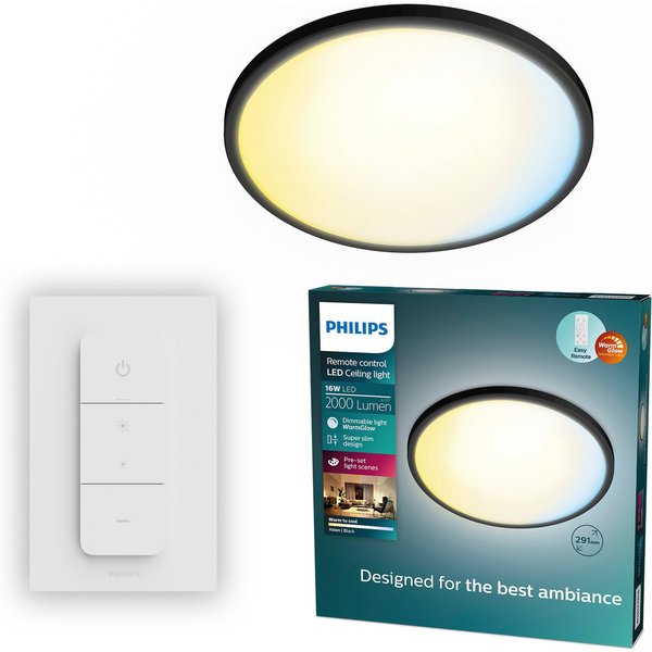 Philips LED Deckenleuchte Superslim All-in-one, 16 W, rund, Schwarz, CCT - über Fernbedienung, Dimmer, Dimmfunktion, Farbsteuerung, Fernbedienung, Infrarot inkl